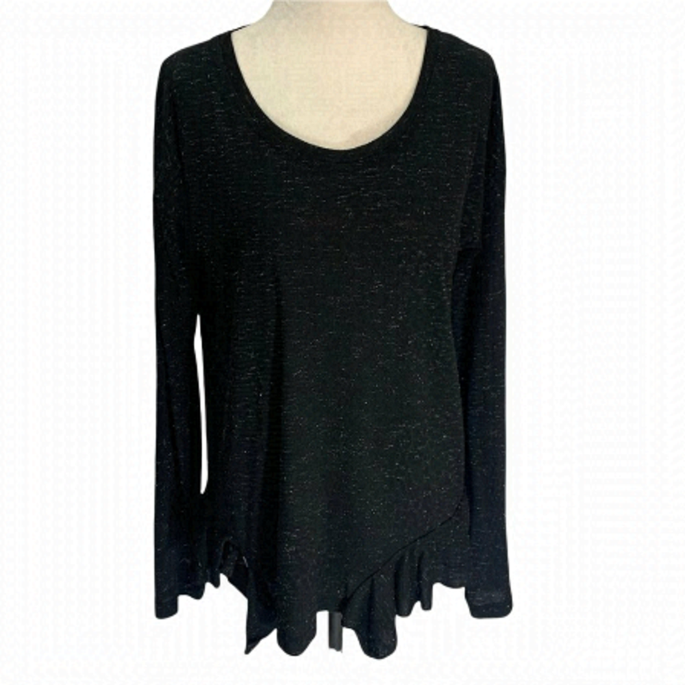 Lord & Taylor Black Sparkle Ruffle Hem T-Shirt Top Size S